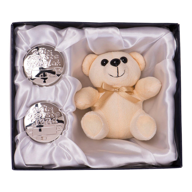 Æske første tand/hårlok m/cremebamse Forkromet