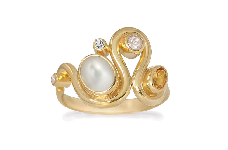 Rabinovich - Happy Bow ring st 56 forgyldt Sølv fvp perle, citrin, rosenkvarts, cz