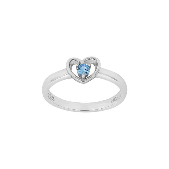 Rho. sølvbørnering hjerte m/lyseblå cz