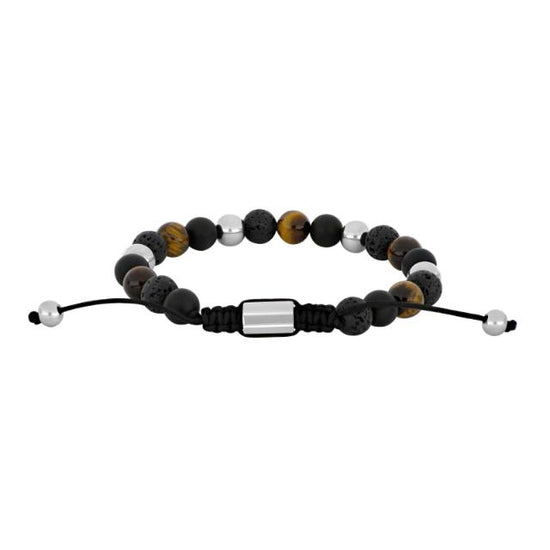 SON armbånd sort agate/lava/tigerøje og stål 19-25cm