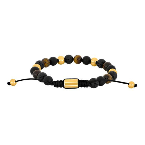 SON armbånd sort agate/lava/tigerøje og IP gold