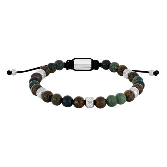 SON armbånd moss agate/ilmenite bronzitite og stål  19-25cm
