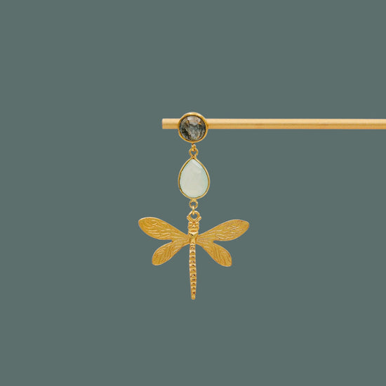 Single Big dragonfly No. 23 labradorit prehnit øreringe forgyldt - ONE OF A KIND