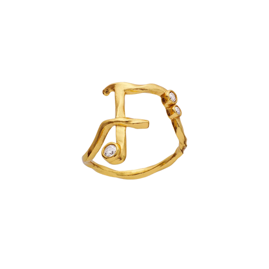 F Alphabet forgyldt Ring hvid Zirkonia Maanesten